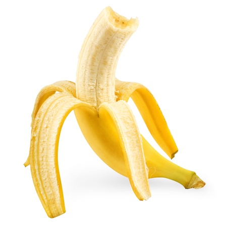 fresh peeled banana on white backgroundの写真素材