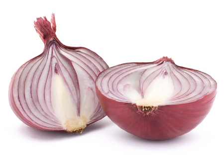 Two halves of red onion on white backgroundの写真素材