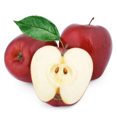 Two red apples and half of apple.の写真素材