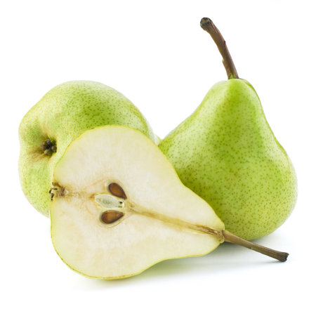 ripe pears and half isolated on white backgroundの写真素材