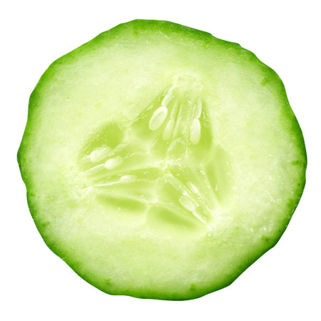 sliced cucumber isolated on white backgroundの写真素材
