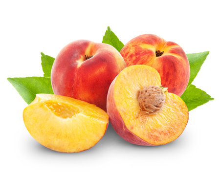 fresh peach fruits and half. Isolated on white backgroundの写真素材