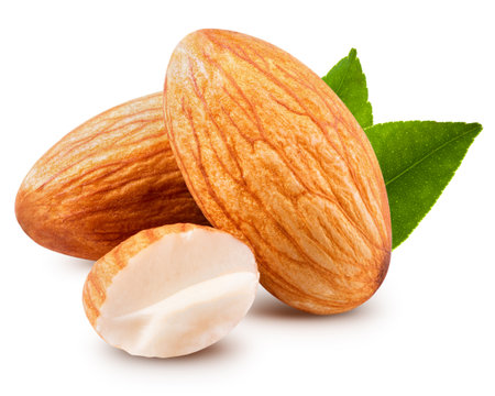 tasty almonds nuts isolated on white backgroundの写真素材