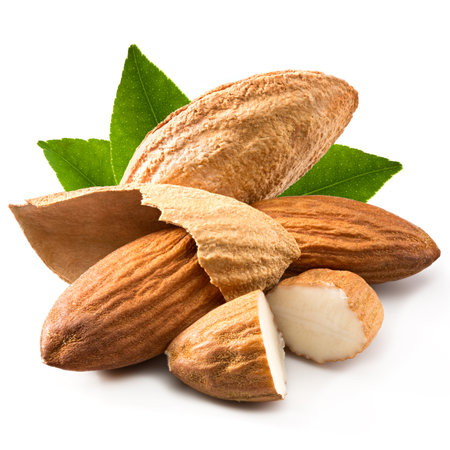 almonds nuts isolated on white backgroundの写真素材