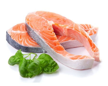 salmon fish steak isolatedの写真素材