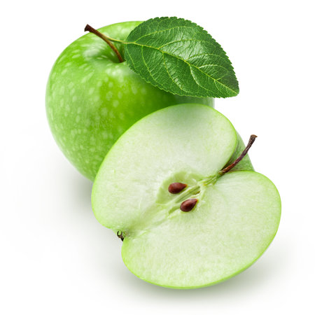 Green apple and half with leaf isolated on white backgroundの写真素材