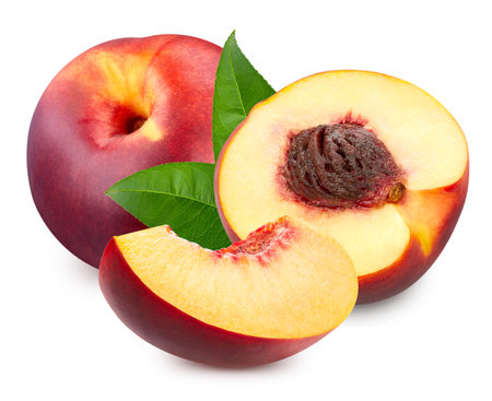 Peach with leaf isolated on white background.の写真素材