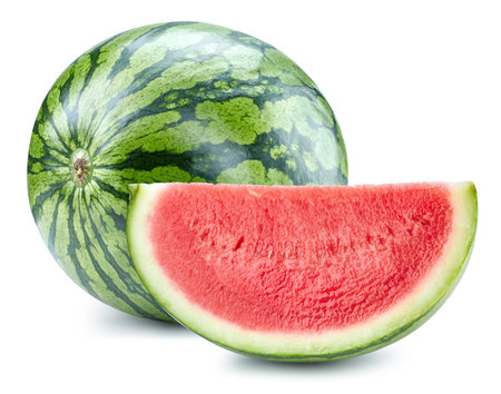 Watermelon isolated. Whole and a half of watermelon fruit isolated on white background, with clipping path. Watermelon Clipping Path. Professional food photographyの写真素材