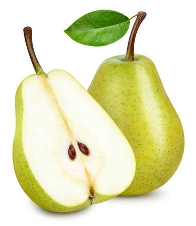 Green pear with a leaf isolated on white.の写真素材