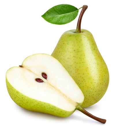 Green pear with a leaf isolated on white.の写真素材