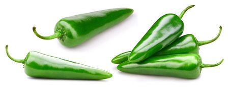 Green pepper collection isolated on white background. Pepper Clipping Path.の写真素材