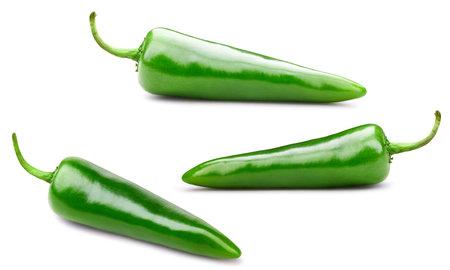 Green chili peppers isolated on white background.の写真素材