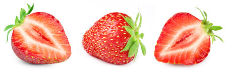 Three ripe strawberries. Strawberry collection isolated on white.の写真素材