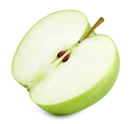 One ripe green apple slice isolated on whiteの写真素材