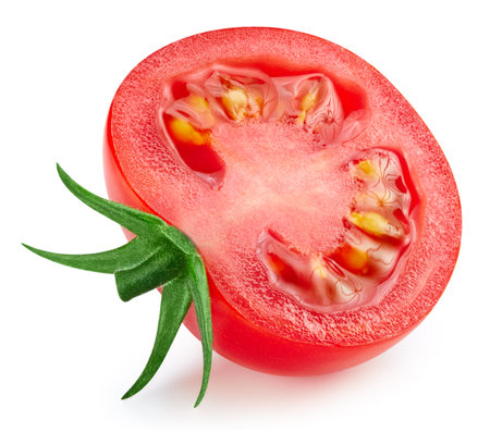Tomato half isolated on white background. Tomato vegetable clipping path. Tomato macro studio photo.の写真素材