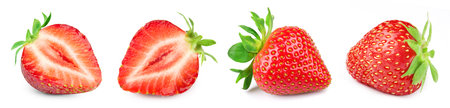 Strawberry collection. Strawberry with clipping path isolated on a white background. Fresh organic strawberry fruit. Full depth of fieldの写真素材