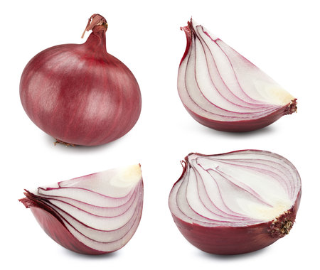 Red onion collection. Onion with clipping path isolated on a white background. Fresh organic onion vegetable fruit. Full depth of fieldの写真素材