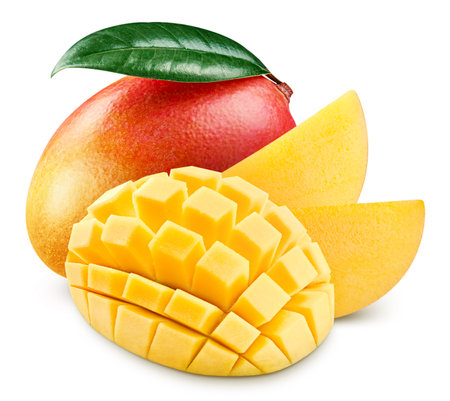 Red mango half isolated on white background. Mango clipping path. Mango fruitsの写真素材
