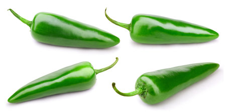 Collection mexican pepper  on white background. Chili pepper  . Green chili pepper macro studio photo.の写真素材