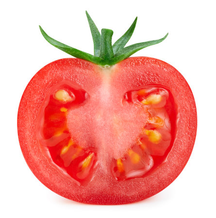 Tomato half  on white background. Tomato vegetable  . Tomato macro studio photo.の写真素材