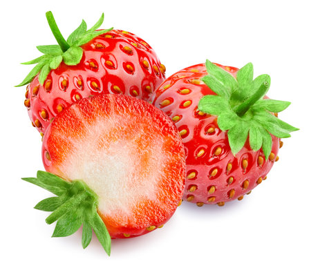 Strawberry clipping path. Organic fresh strawberry isolated on white. Full depth of fieldの写真素材