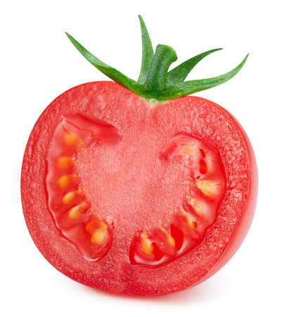 Tomato half isolated on white background. Tomato vegetable clipping path. Tomato macro studio photo.の写真素材
