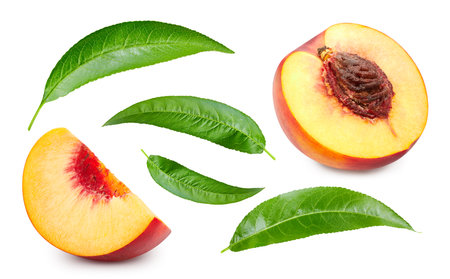 Collection peach clipping path. Peach fruit with leaf isolated on white background. Full depth of fieldの写真素材