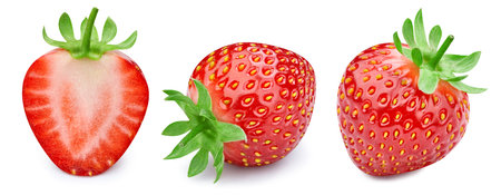 Strawberry collection. Fresh organic strawberry isolated on white background. Strawberry macro. With clipping pathの写真素材