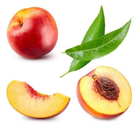 Peach collection. Nectarine fruit and half with leaf isolated on white background. Peach clipping pathの写真素材