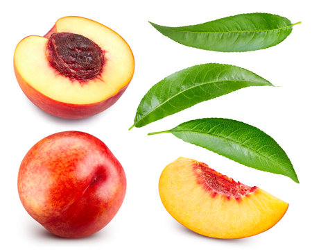 Peach collection. Ripe peach fruit and slice with leaf isolated on white background. Fresh organic fruit.の写真素材