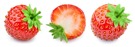 Strawberry collection. Fresh organic strawberry isolated on white background. Grapefruit macro. With clipping pathの写真素材