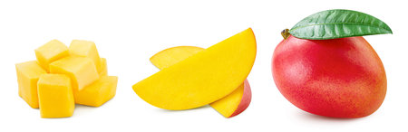 Collection mango isolated on white background. Mango leaf clipping path. mango macro studio photo.の写真素材