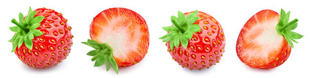 Collection strawberry isolated on white background. Strawberry leaf clipping path. strawberry macro studio photoの写真素材