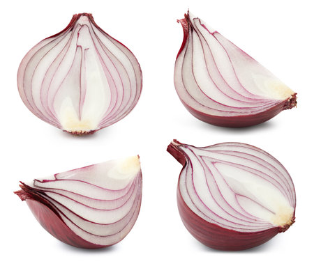 Onion vegetable with onion half isolated on whiteの写真素材