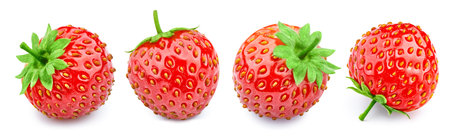 Strawberry fruits with green leaf isolated on whiteの写真素材