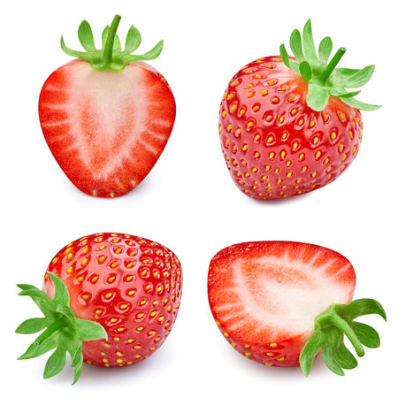 Half strawberry berry with leaf isolated on whiteの写真素材