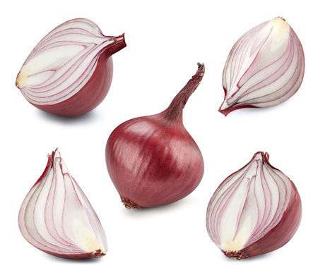 Half onion vegetable isolated. Onion collection with clipping path. Full depth of fieldの写真素材