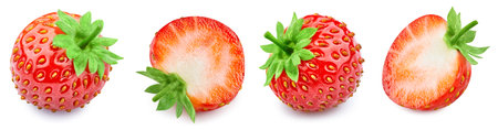 Half strawberry fruit with leaf isolated. Strawberry collection with clipping path. Full depth of fieldの写真素材