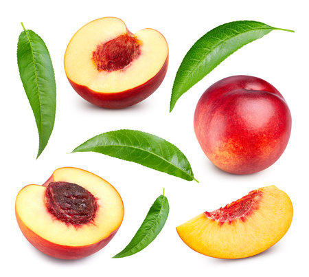 Peach collection. Peach with clipping path isolated on a white background. Fresh organic fruit. Full depth of fieldの写真素材