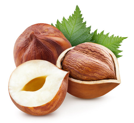 Hazelnut with leaves. Hazelnut grapefruit isolated on white background. Hazelnut macro.の写真素材