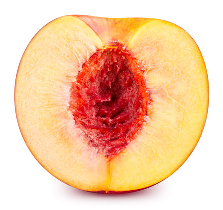 Peach half  on white background. Peach fruit  . Peach macro studio photoの写真素材
