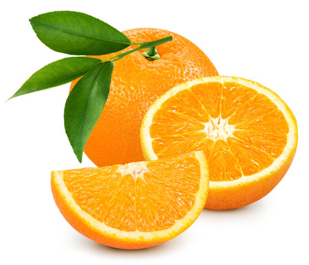 Organic orange isolated on white background.Taste orange with leaf.の写真素材