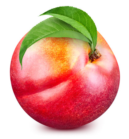Peach isolated on white background. Peach macro studio photo. Peach with leaves.の写真素材