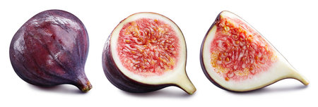 Collection of whole and cut fig fruits isolated on white background.の写真素材