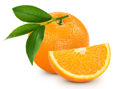 Orange macro on white isolated. Fresh organic orange.の写真素材