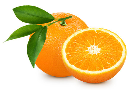 Ripe whole orange fruit with green leaf and slice isolated on white backgroundの写真素材