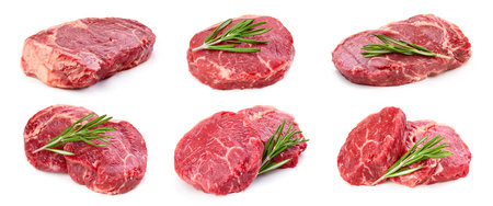 Collection raw beef isolated on white background.の写真素材