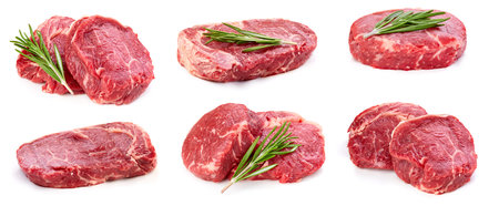 Steak meat collection. Steak beef  isolated on a white background. Fresh organic beef steak.の写真素材