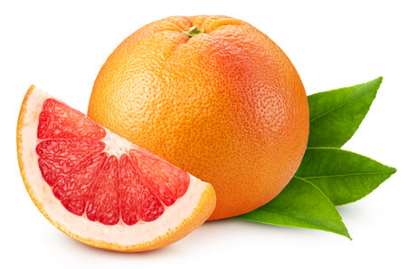 Grapefruit with leaves clipping path. Fresh organic grapefruit isolated on white background. Grapefruit macroの写真素材