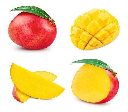 Collection mango with leaves isolated on white background. Mango fruit clipping path. Mango macro studio photoの写真素材